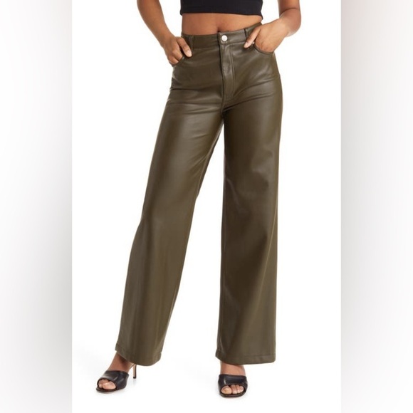 BLANK NYC Matte Olive Green Faux Leather High Rise Wide Leg Pant 31